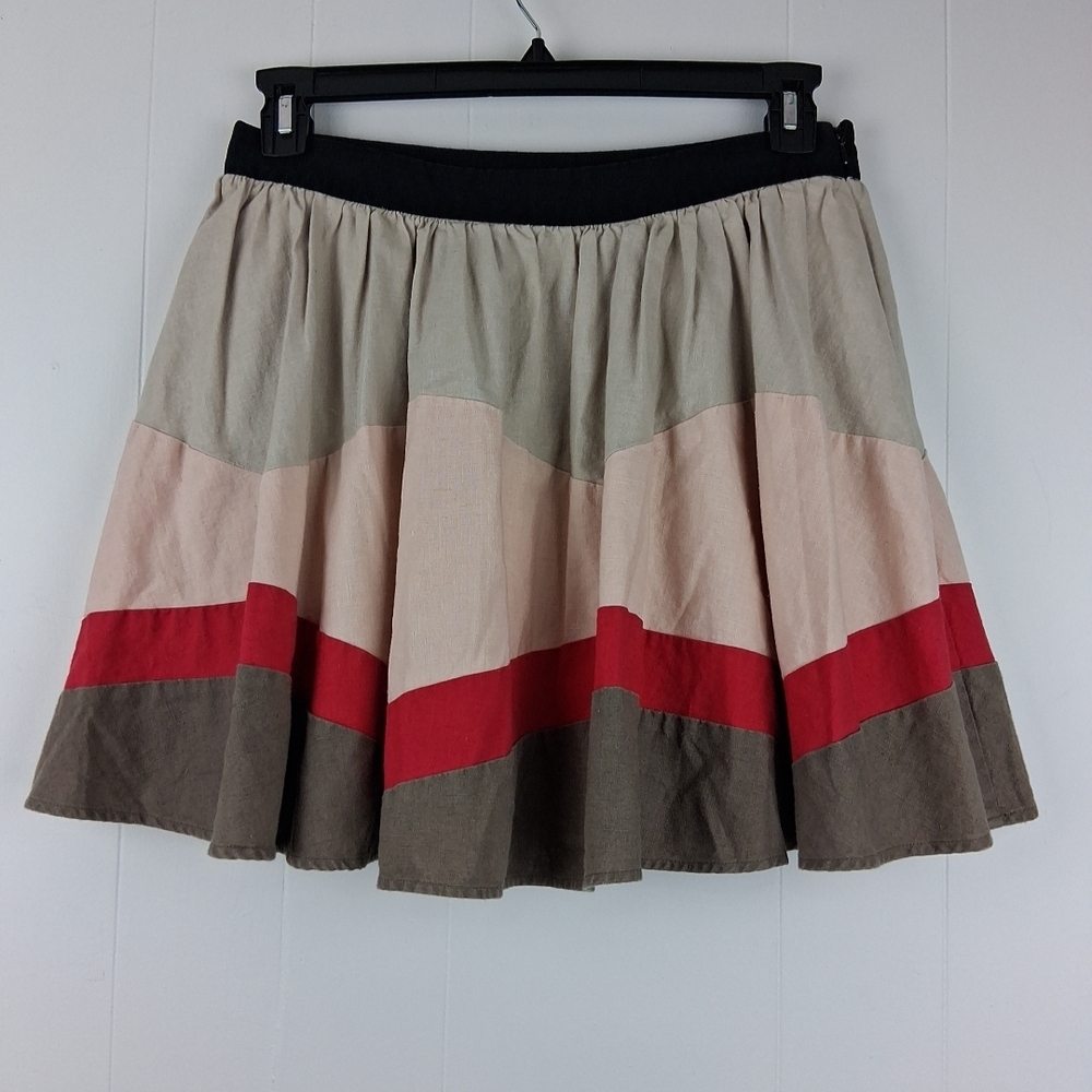 Lux A-Line Skirt Linen Blend Color Block Small Pockets
